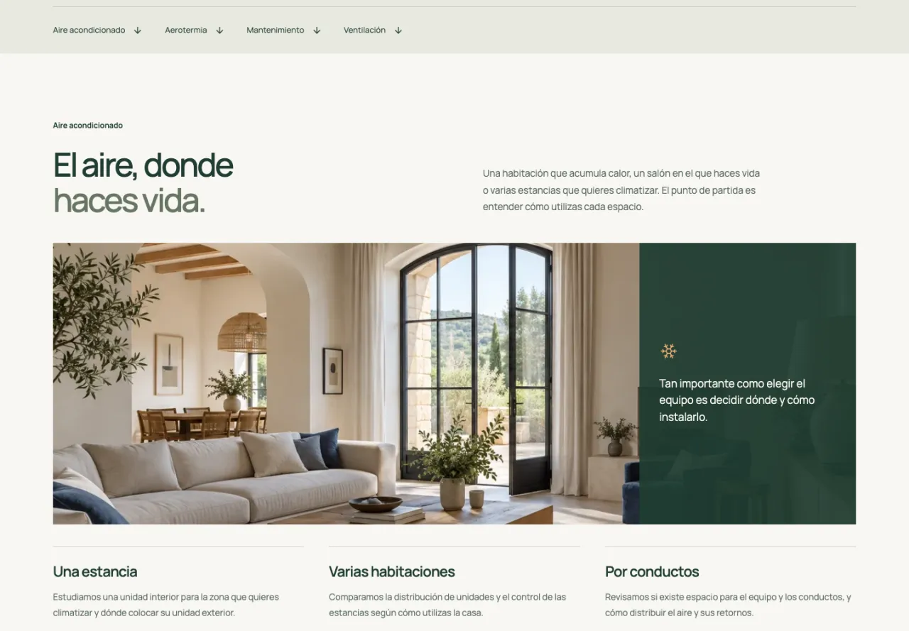 Página de servicios del proyecto Estudio Clima, con menú de servicios y una foto de climatización en un salón.