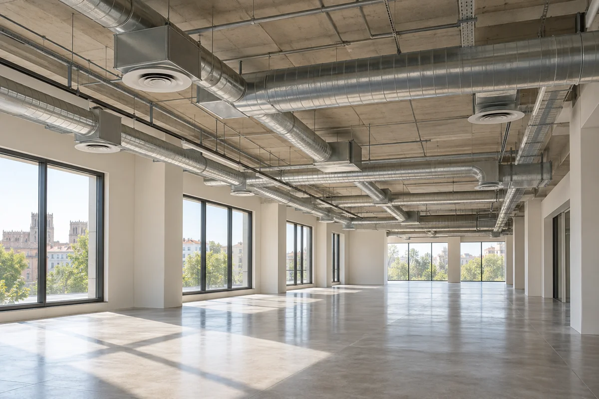 Conductos e instalaciones técnicas en un espacio comercial